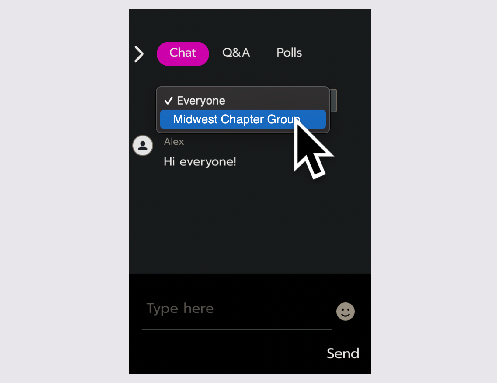 The chat channels dropdown is open. It shows two channels (Everyone and Midwest Chapter Group).