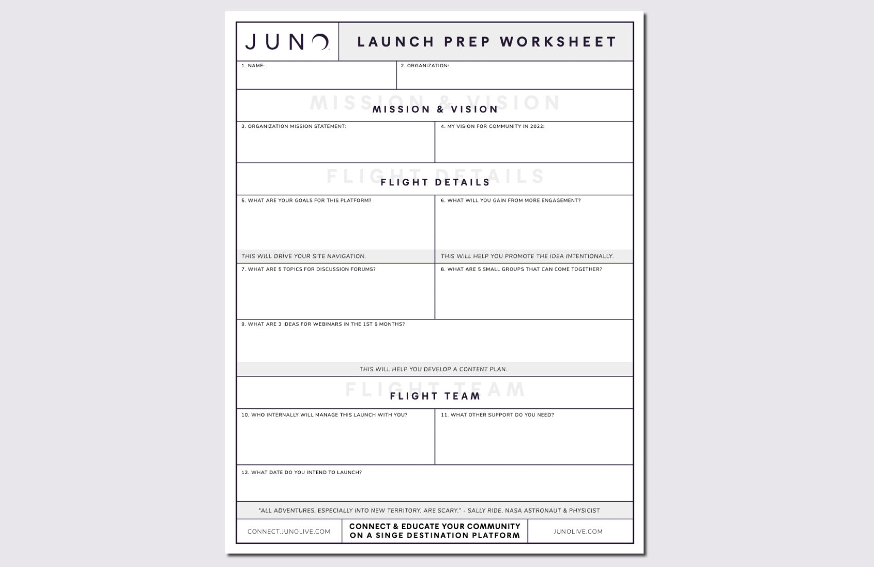 A preview of the Launch Prep Worksheet, with blank form fields.