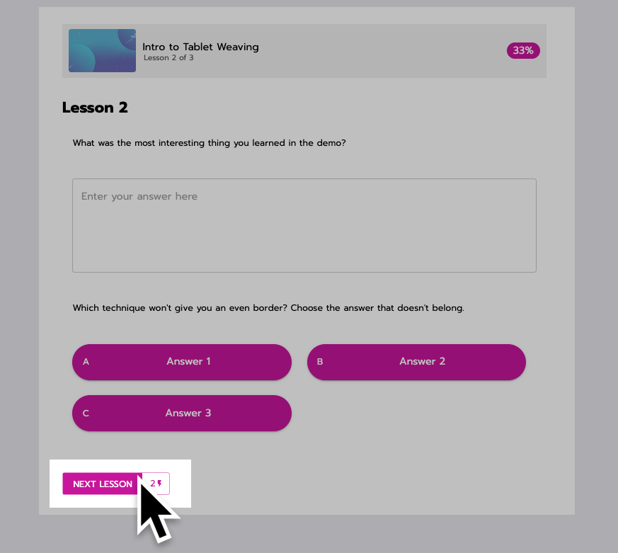 A user clicks the 'next lesson' button at the bottom of the page.