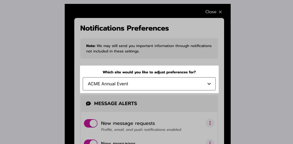The dropdown to select a site is near the top of the notifications preferences panel, before the list of notifications.