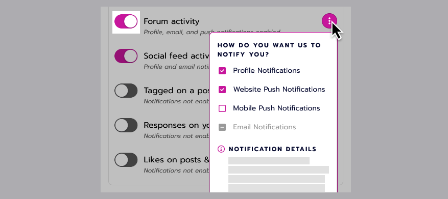 The toggle next to 'forum activity is turned on. The user opens a menu titled 'How do you want us to notify you.' They check 'Profile' and 'Website Push' notifications. Other type of notifications are unchecked.
