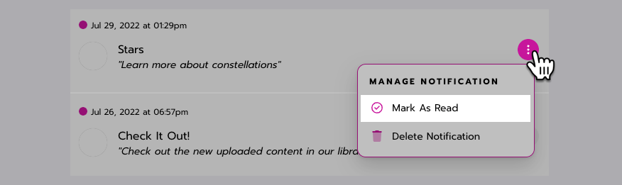 When the user selects 'More' next to a notification, the manage notifications menu opens. 'Mark as read' is the first item on the list.