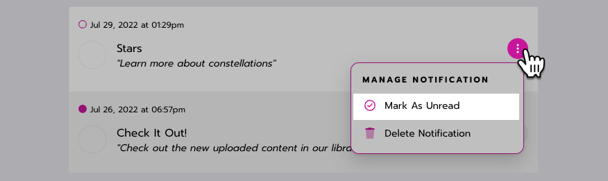 When the user selects 'More' next to a notification, the manage notifications menu opens. 'Mark as unread' is the first item on the list.