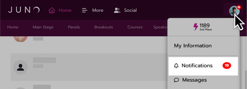 A user selects their profile image in the navigation bar, which opens a menu. One of the menu items is Notifications, with an indicator that you have 19 unread notifications.