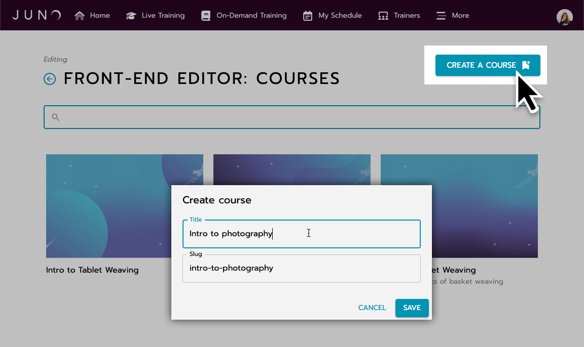 A user selects the 'createa course' button at the top of the page next to the title. In a pop-up, they type a title, 'intro to photography.'