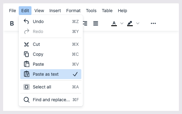 The edit menu is above the text editing field, after 'File.' The paste as text option is checked.