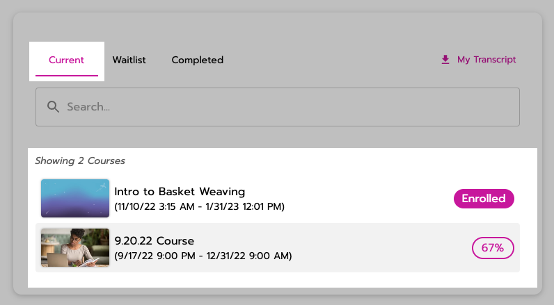 Two courses are listed in the 'current' tab. The status is 'enrolled' for one and '67 percent' for the other.
