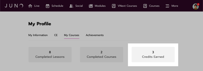 3 statistics in boxes are listed at the top of the dashboard. The last one, '3 course credits earned,' is highlighted.