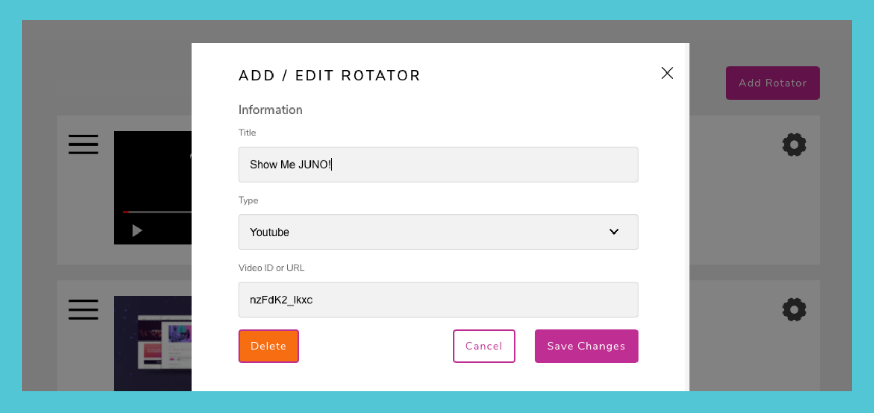 Screenshot of the pop-up window titled Add Edit Rotator. The information for a Youtube video filled out.
