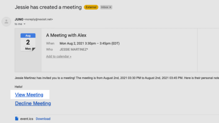 The email notification lists the date and time of the meeting. A the bottom, a link to View Meeting takes you to the meeting details page.