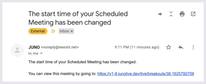 Email notification that says the start time of a meeting changed. It says that you can view the meeting by clicking a link in the email.