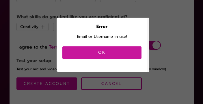 An error message pop-up displays in front of the onboarding form. It says Email of Username in use