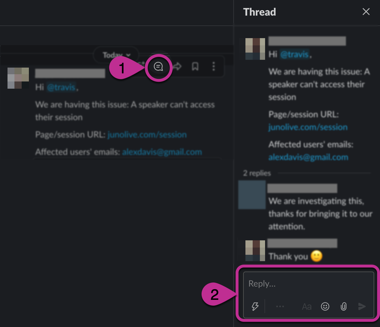 An open Slack message thread. The steps to reply in a thread are highlighted. First, the Reply in Thread icon, then the empty reply message box.