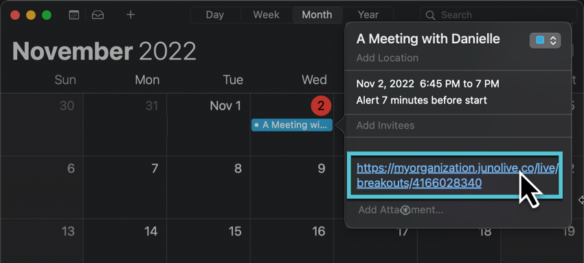 A user clicks the meeting link in the URL section of an Apple Calendar event.