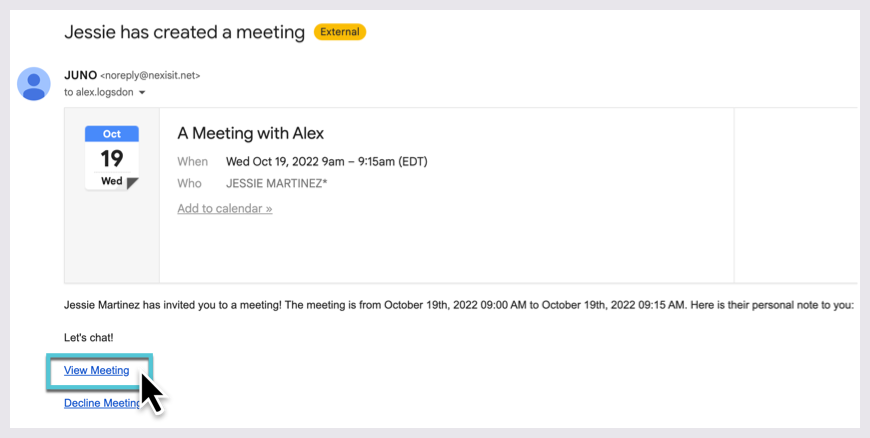 A user clicks the View Meeting link at the bottom of an email invite.