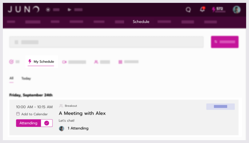 On the Schedule page, the My Schedule tab is selected and a meeting called A Meeting with Alex is highlighted.