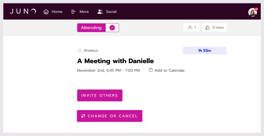 A meeting page with the meeting title, information, and invite, change, and cancel buttons. There is no microphone or camera. A countdown timer is in the top-right corner.